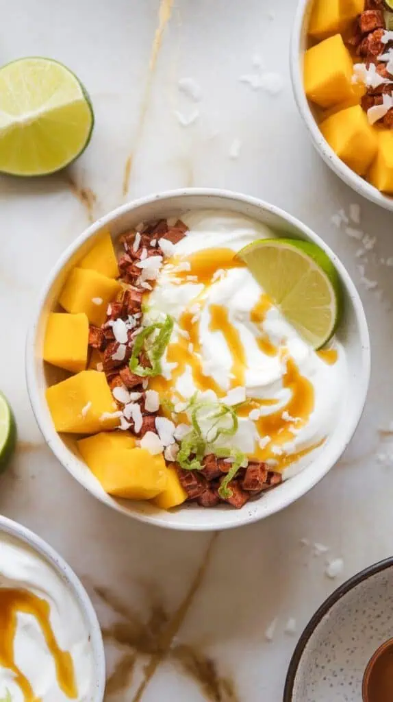 a finished spicy mango yogurt bowl with swirls of creamy yogurt, ripe mango cubes, Tajín, honey drizzle, and lime zest