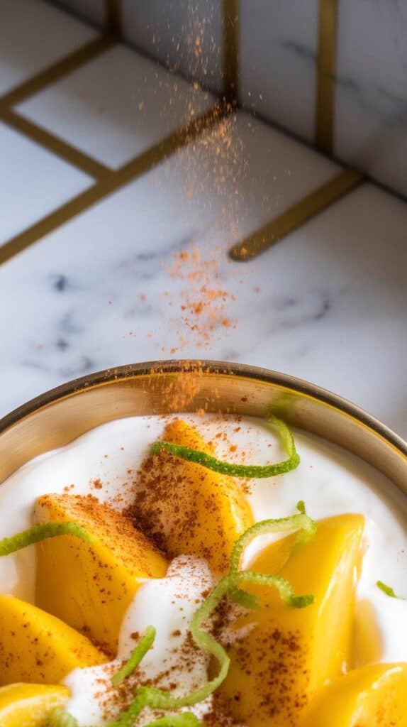  lime juice droplets glistening on mango and yogurt, Tajín seasoning being sprinkled midair, and bright green zest dotting the top