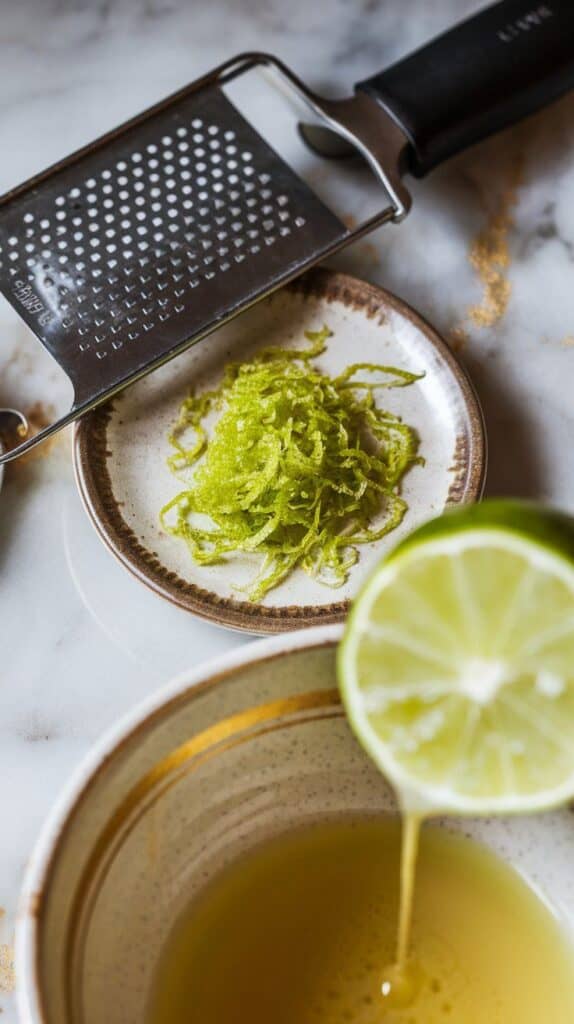 fresh lime zest scattered across a small plate with a microplane resting beside it, and a half-squeezed lime dripping juice into a bowl