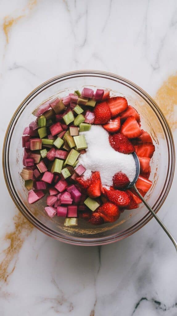  a bowl of diced rhubarb and chopped strawberries being mixed with sugar, cornstarch, lemon juice, and vanilla extract, fruit mixture looking glossy and juicy,