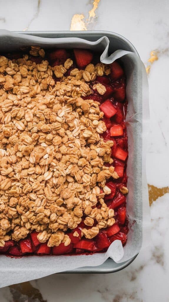 crumble topping being sprinkled over strawberry rhubarb filling, oat mixture scattered evenly, some pressed gently into the fruit layer, on white marble counters with hints of gold, 