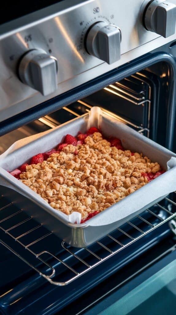  strawberry rhubarb crisp bars bubbling and browning in the oven, crumb topping golden with small juicy edges visible underneath, in an 8x8 baking pan