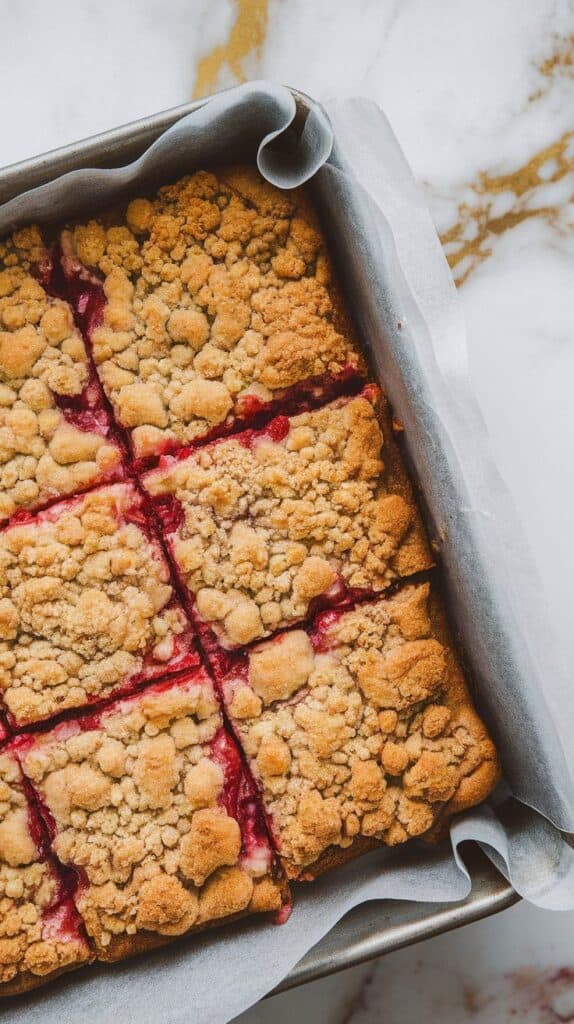 cooled strawberry rhubarb crisp bars being sliced on parchment paper inside a baking pan, clean even squares, golden crumble topping with bright red filling visible, 