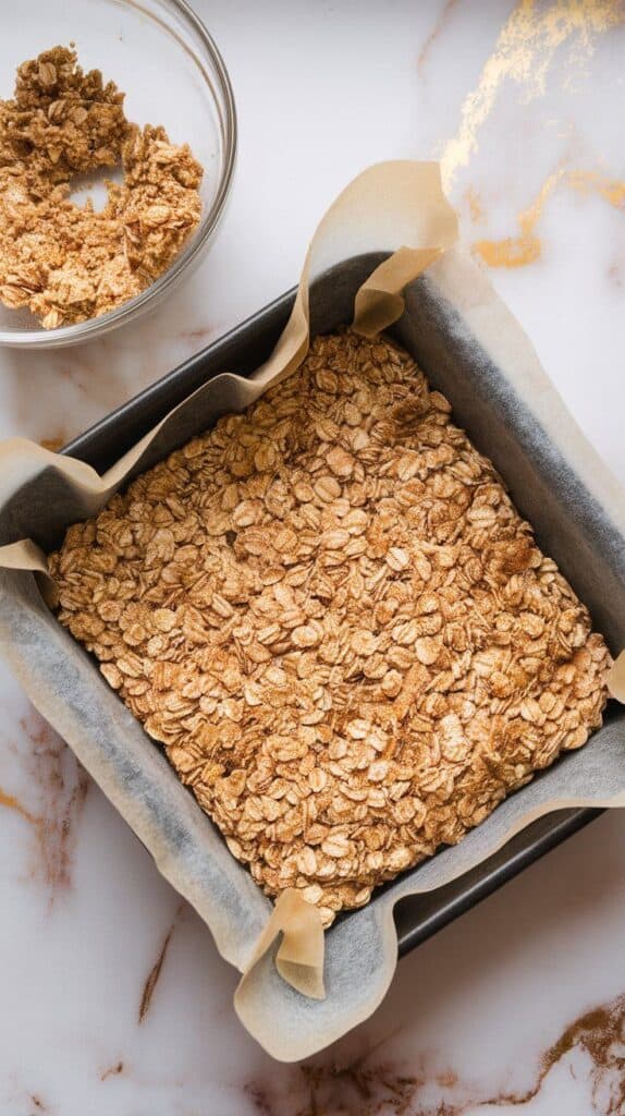 a hand pressing crumbly oat mixture into a parchment-lined 8x8-inch pan, forming an even crust layer, remaining oat mixture in a bowl nearby,