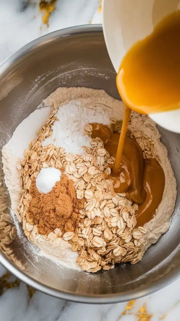  flour, oats, brown sugar, cinnamon, and salt being stirred together in a mixing bowl, melted butter just poured in, mixture beginning to look crumbly and golden,