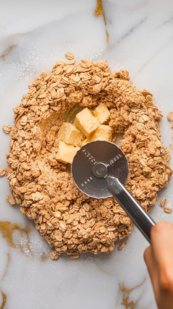  oat crumble mixture being blended with a pastry cutter, cold butter forming small clumps with flour, oats, and brown sugar, crumb texture visible