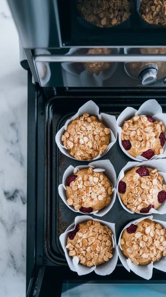  muffins rising and browning in the oven, crumble tops turning golden and slightly crisp, muffin pan placed on center rack inside a modern stainless steel