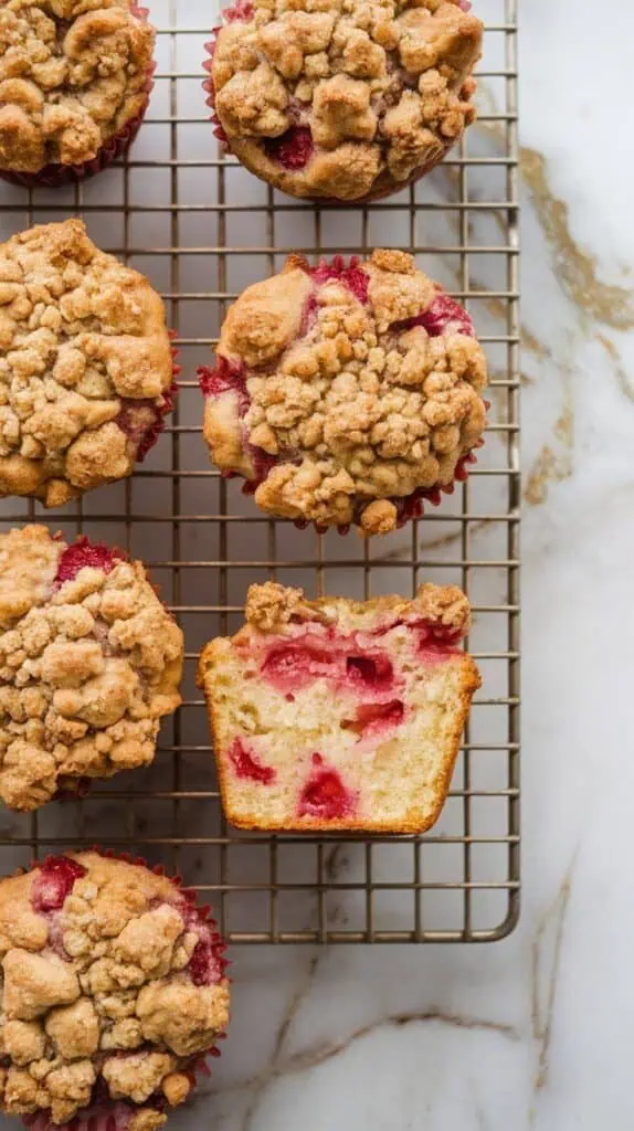 strawberry rhubarb crumble muffins cooling on a wire rack, golden crumble tops and soft fruit centers visible, one muffin split open to reveal fluffy inside