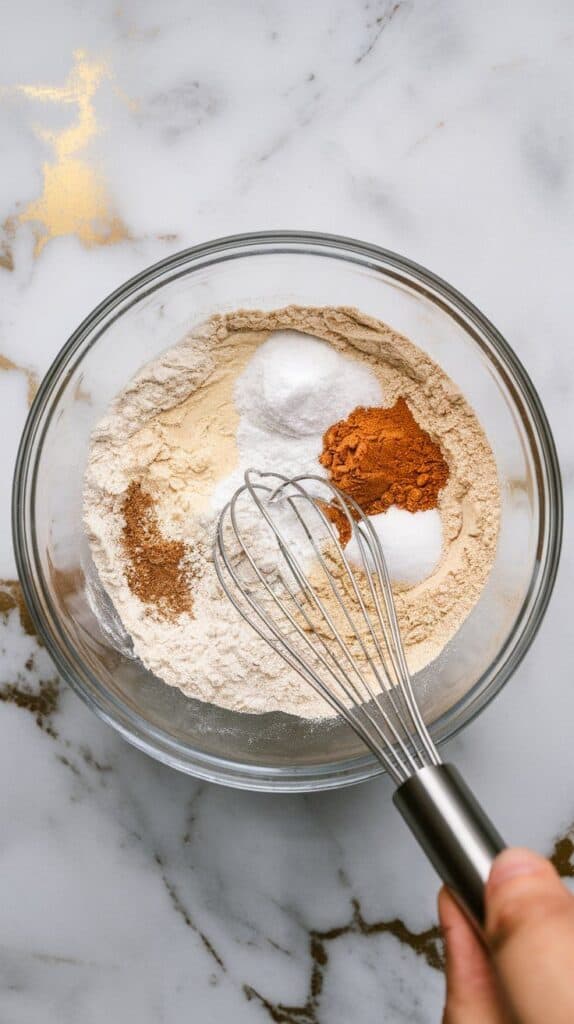  flour, baking powder, baking soda, salt, and cinnamon being whisked together in a mixing bowl, fine dry texture with specks of spice, whisk in hand, on white marble counters with hints of gold
