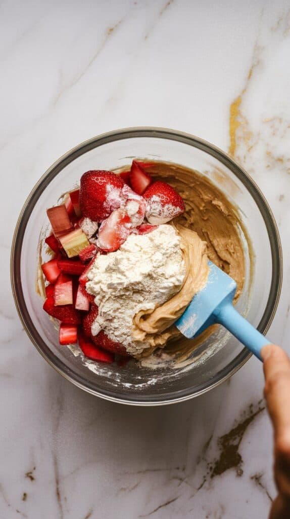  diced strawberries and rhubarb being tossed with flour in a small bowl, then folded gently into thick muffin batter using a spatula