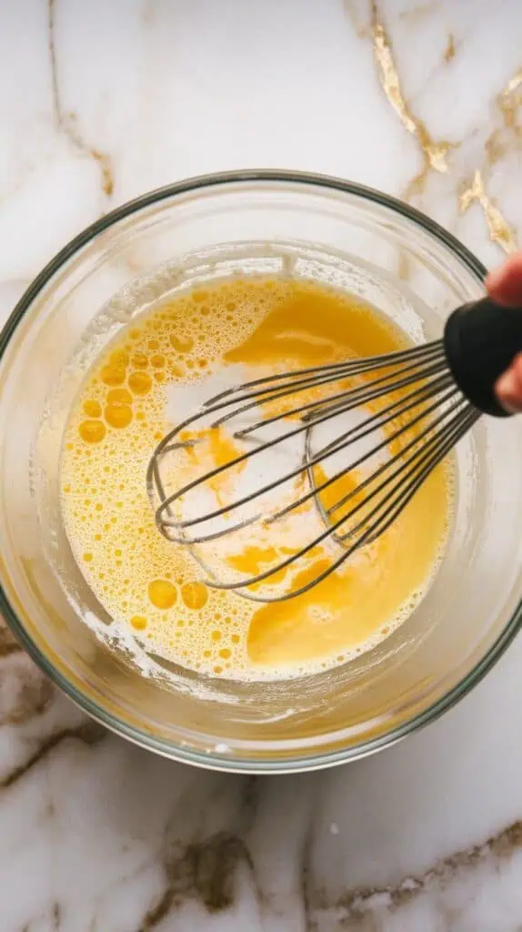 eggs, sugar, buttermilk, oil, and vanilla being whisked in a mixing bowl, smooth pale yellow mixture forming with little bubbles on top
