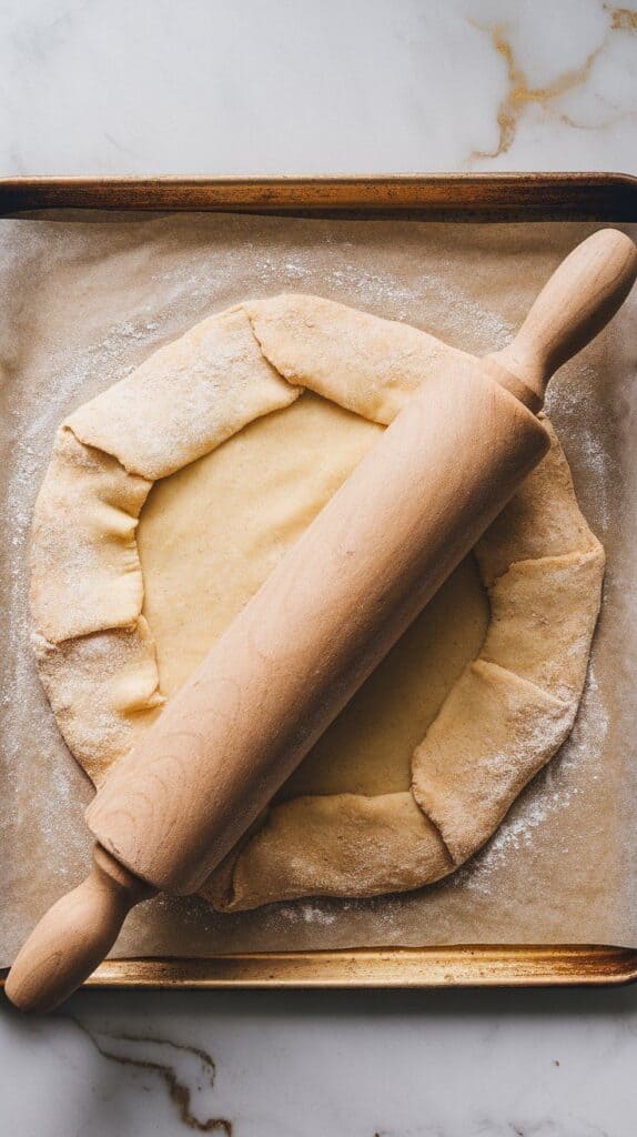  chilled galette dough being rolled into a rustic circle with a rolling pin, flour dusted lightly on the dough, placed on parchment over a baking sheet,