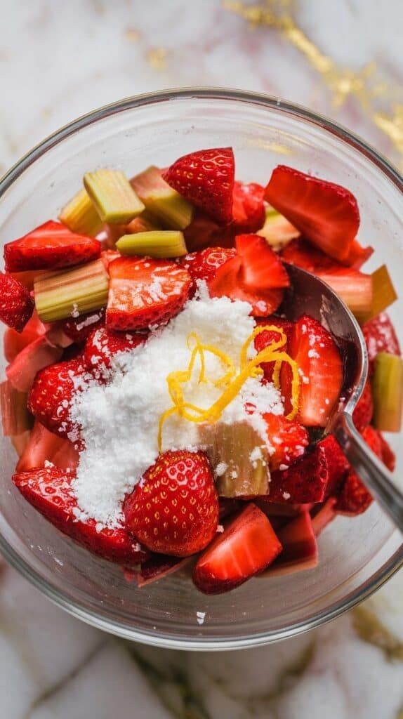  a glass bowl filled with sliced strawberries and rhubarb, being tossed with granulated sugar, cornstarch, vanilla extract, and lemon zest using a spoon,