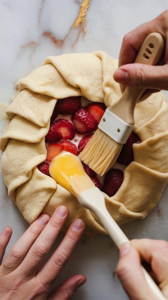  hands folding the dough edges over the fruit filling, crust starting to take shape with rustic pleats, egg wash being brushed on with a pastry brush