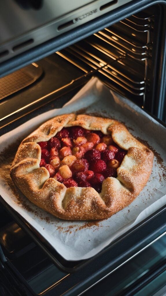 a golden brown galette baking in the oven, fruit filling bubbling slightly in the center, crust edges deeply golden with sugar crystals glistening, on a parchment-lined 