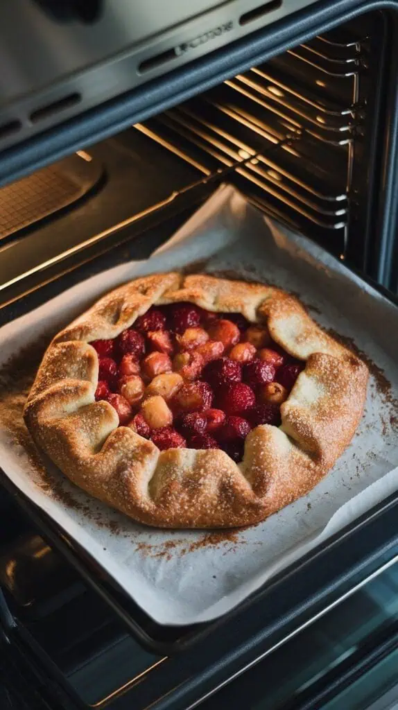 a golden brown galette baking in the oven, fruit filling bubbling slightly in the center, crust edges deeply golden with sugar crystals glistening, on a parchment-lined 