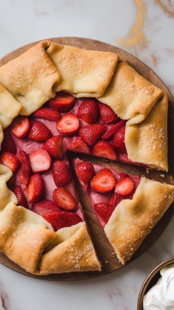 a strawberry rhubarb galette sliced and served on a wooden board, golden crust and vibrant fruit filling in contrast