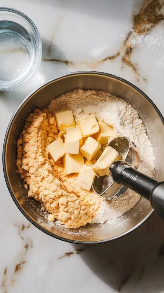 a bowl with flour, sugar, and salt mixed with cold cubed butter, crumbly texture forming as a pastry cutter presses through, coarse crumbs visible, ice water in a small dish nearby, 