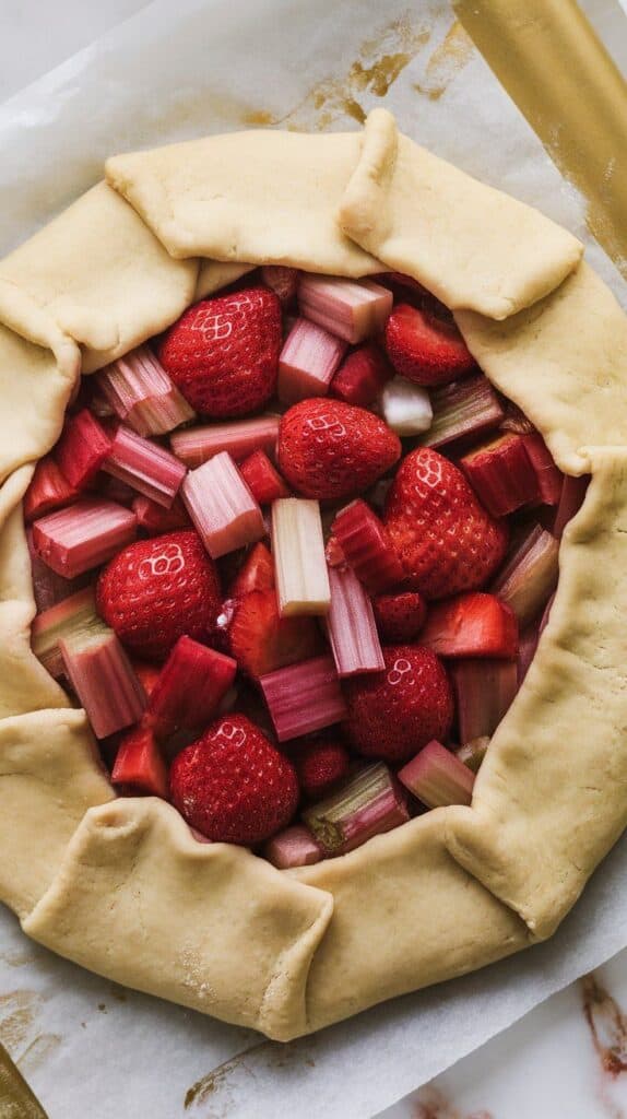  fruit filling piled in the center of rolled-out dough, bright red and pink fruit mounded neatly, edges of dough still clean, parchment-lined sheet underneath