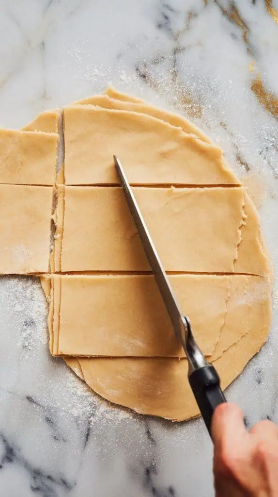 rolled-out dough being cut into rectangles using a knife, dough about ⅛-inch thick with even edges, flour lightly dusted underneath, on white marble counters with hints of gold