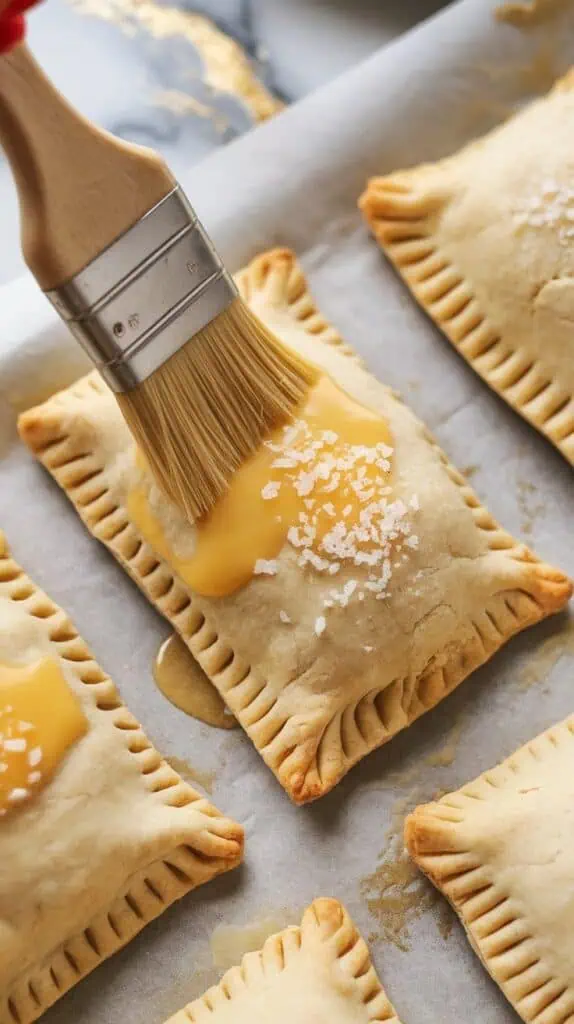 assembled hand pies on parchment paper, being brushed with egg wash using a pastry brush, sugar crystals being sprinkled on top, pies sealed and ready to bake