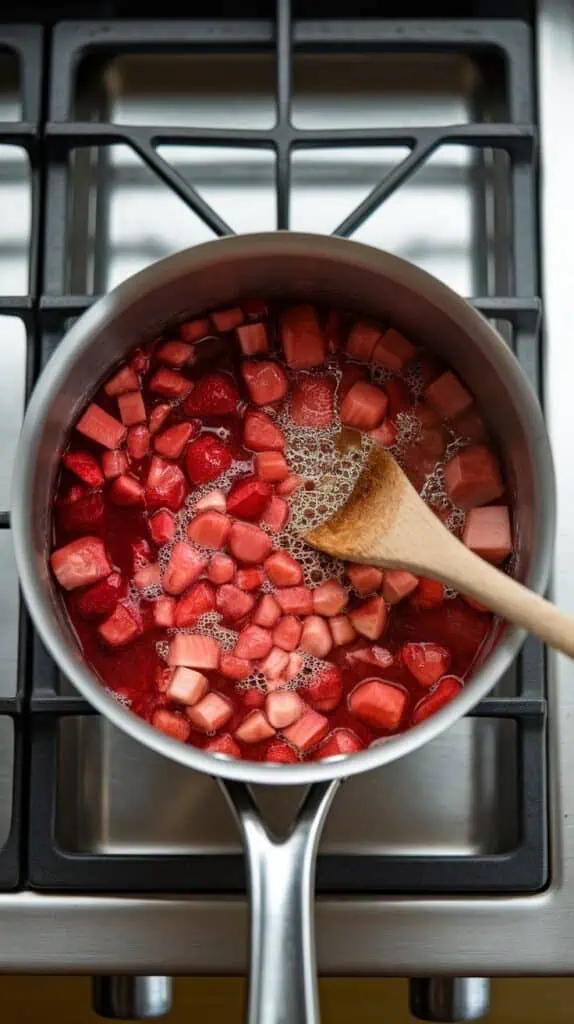 strawberry and rhubarb filling simmering in a saucepan, fruit softened and thickened with a glossy texture, small bubbles forming, wooden spoon stirring gently