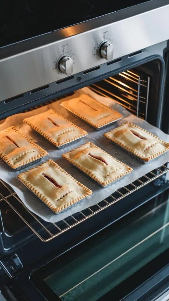 strawberry rhubarb hand pies baking in the oven, tops golden and puffed, filling just starting to peek out from vents, parchment-lined tray on a rack inside a modern