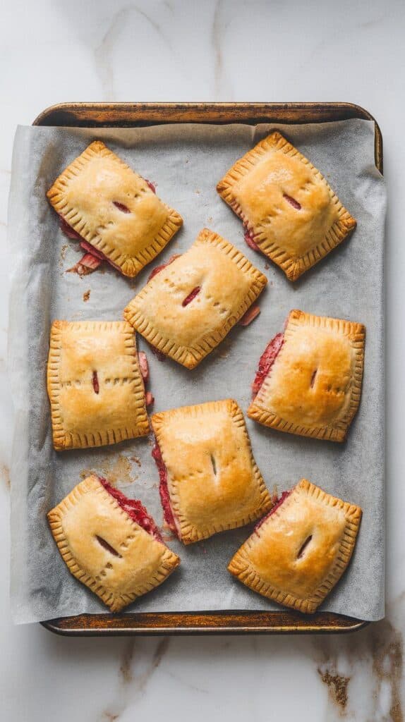 freshly baked strawberry rhubarb hand pies cooling on a baking sheet lined with parchment, golden crusts and glossy tops with a few cracked open to show filling