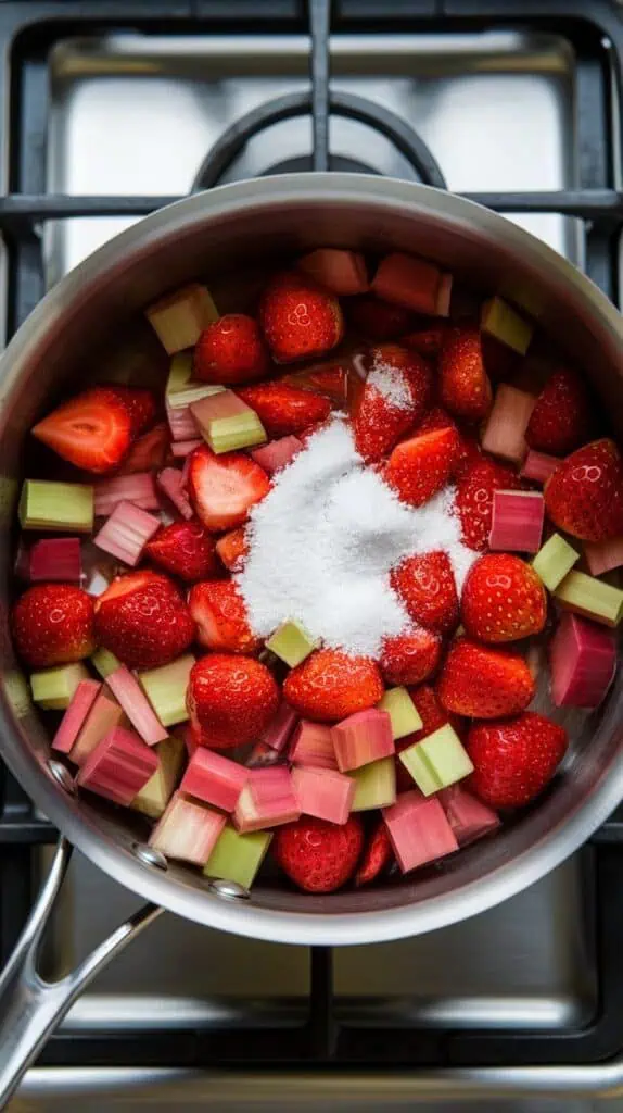 chopped strawberries and rhubarb in a saucepan with granulated sugar sprinkled on top and water just added, fruit vibrant and ready to simmer,