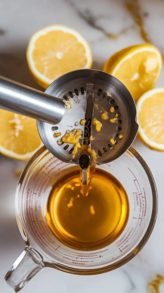 halved lemons being juiced with a hand reamer, fresh lemon juice collecting in a glass measuring cup, lemon seeds and pulp visible on the reamer