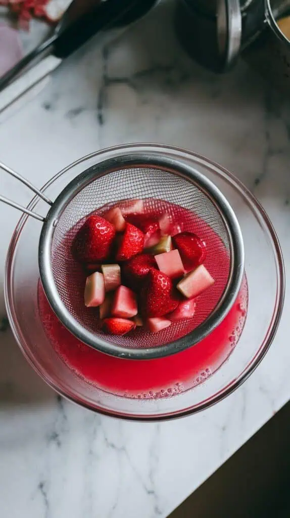 strawberry rhubarb syrup being strained through a fine mesh sieve into a clear glass bowl, spoon pressing down on soft cooked fruit to release juices