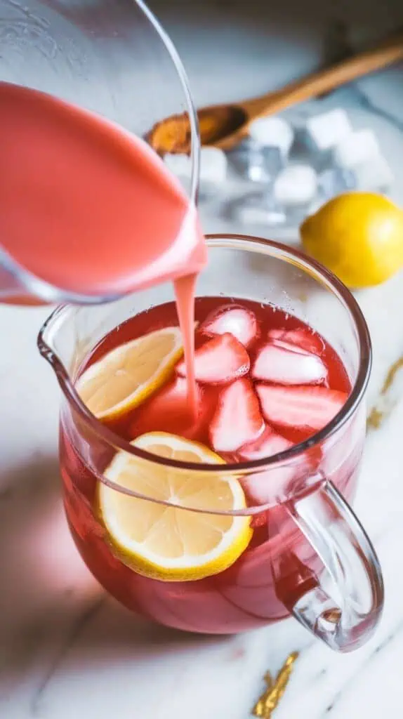 bright pink strawberry rhubarb syrup being poured into a clear glass pitcher with lemon juice and cold water, wooden spoon stirring the mixture together
