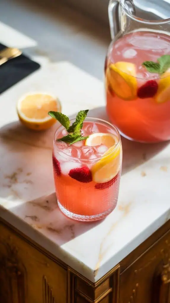 strawberry rhubarb lemonade served in a glass with ice, floating lemon slices and mint sprigs, pitcher in the background, white marble counter with hints of gold