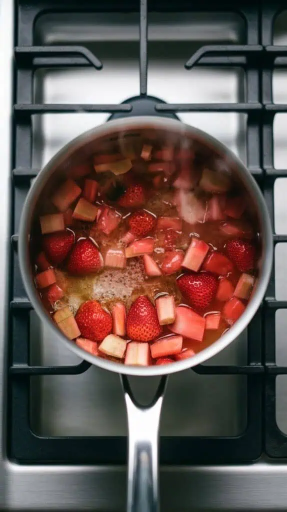 strawberry rhubarb mixture bubbling gently in a saucepan, fruit softened and turning into a thickened syrup, steam rising lightly,
