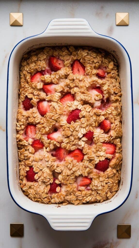 strawberry rhubarb oatmeal mixture being poured into a greased ceramic baking dish, mixture spread evenly across the surface with spoon marks,