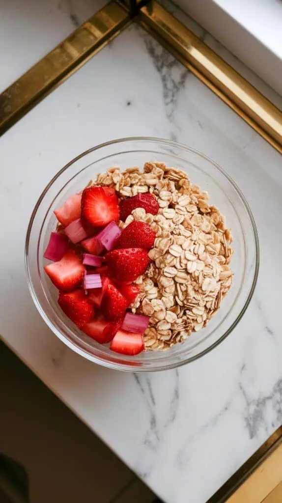 chopped strawberries and rhubarb being folded into the oat mixture in the bowl, bright pops of red and pink mixed with the oats, on white marble counters with hints of gold