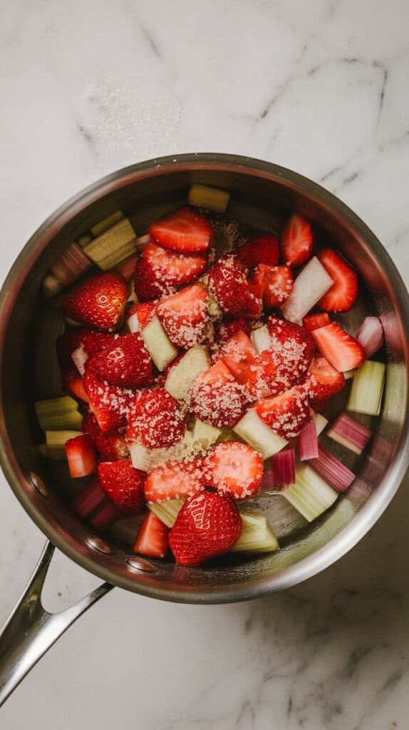 chopped strawberries and rhubarb sitting in a saucepan, granulated sugar sprinkled over top and beginning to dissolve, fruit starting to glisten