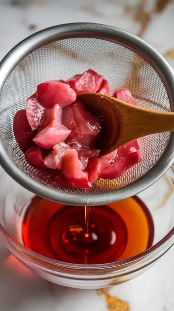 thick pink syrup being strained through a fine mesh sieve, wooden spoon pressing cooked fruit to release every drop, bright syrup collecting