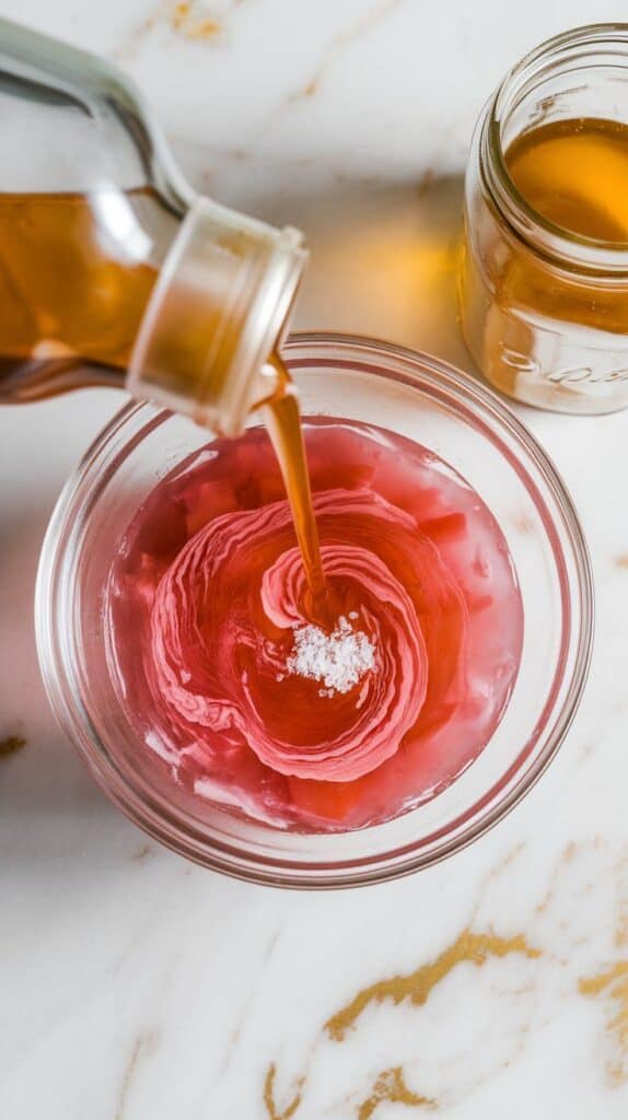 apple cider vinegar being poured into pink strawberry rhubarb syrup in a glass measuring cup, pinch of salt sprinkled in, liquid swirling as it’s stirred,
