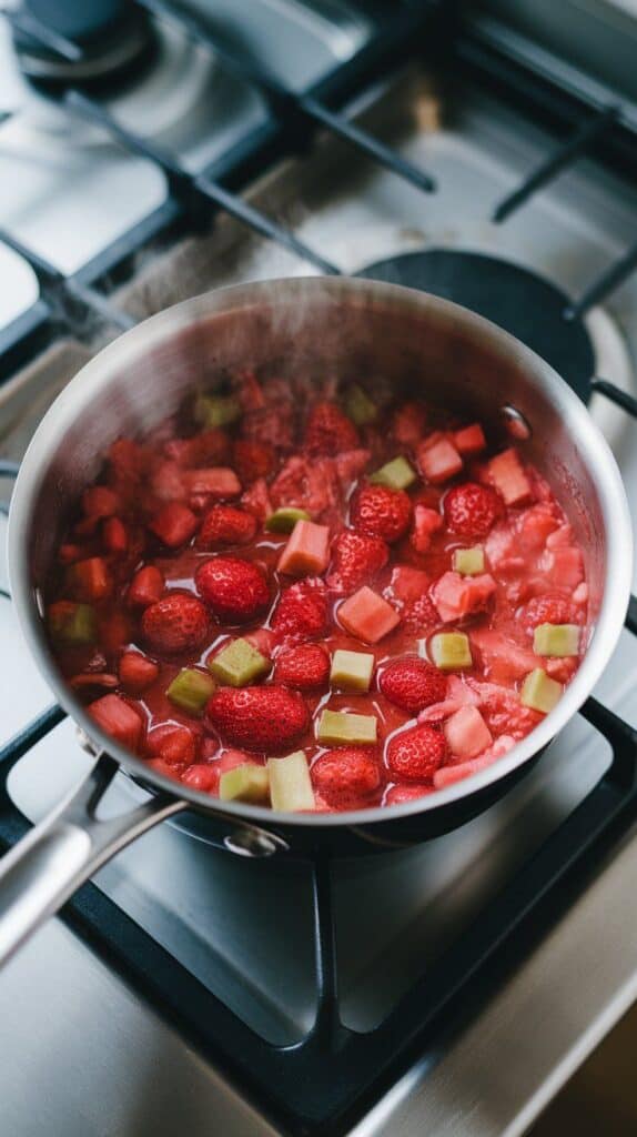 strawberry rhubarb mixture simmering in a saucepan, fruit breaking down into a thick syrup, bubbling gently with steam rising