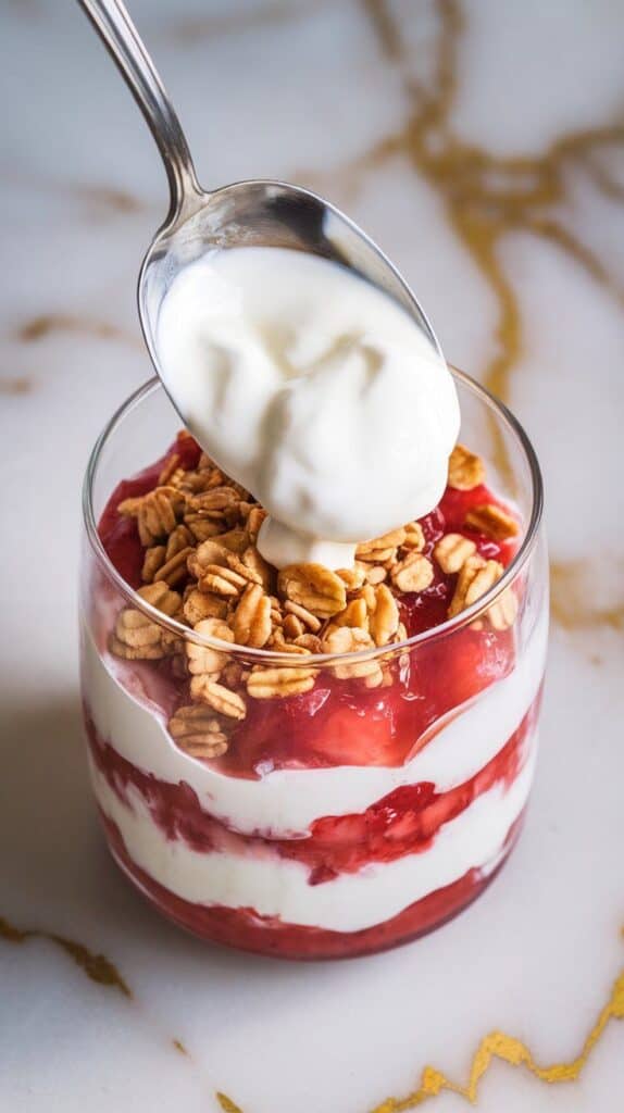  parfait being layered in a clear glass: creamy Greek yogurt spooned in, followed by a layer of glossy strawberry rhubarb compote, and a sprinkle of golden granola
