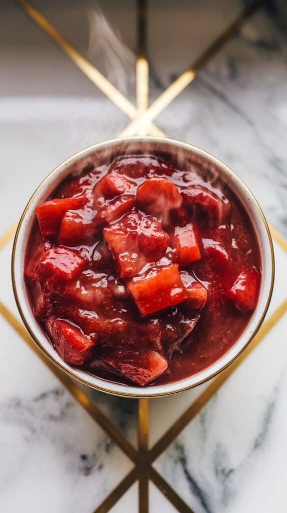 strawberry rhubarb compote resting in a bowl, visibly thick and glossy with chunks of softened fruit, bowl cooling on the counter with steam slightly faded,