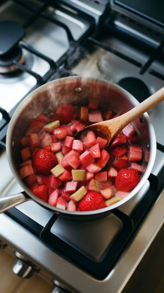  strawberry and rhubarb mixture simmering in a saucepan, fruit softening and becoming glossy, steam rising slightly, 