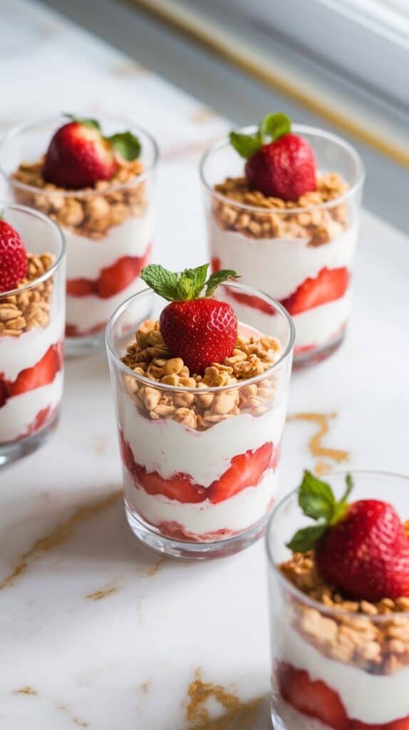 ssembled strawberry rhubarb yogurt parfaits in glass cups, clear layers of white yogurt, pink fruit compote, and golden granola visible,