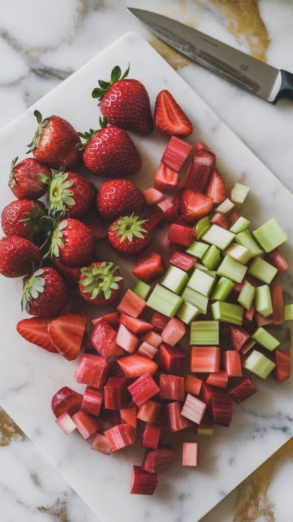 resh strawberries and rhubarb being diced into small ½-inch chunks on a cutting board, vibrant red and pink pieces neatly piled, knife in the background