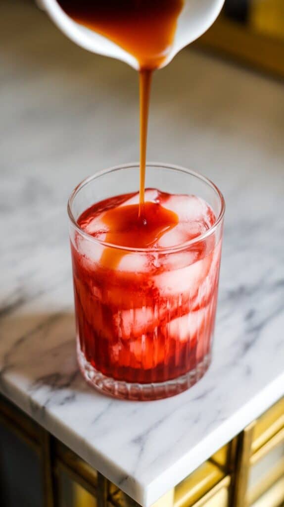 bright strawberry syrup being poured into a glass full of ice, syrup sinking slowly, layering against the cubes