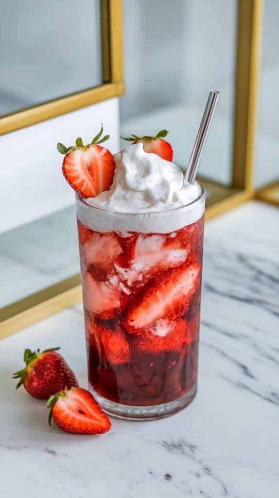 a tall glass of strawberry shortcake dirty soda topped with whipped cream and fresh strawberry slices, layered and fizzy, a straw on the side