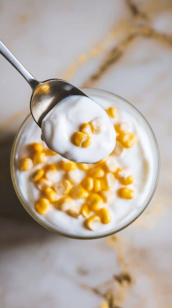 sweet yellow corn kernels sprinkled over a smooth bed of white yogurt, a spoon hovering above mid-scoop