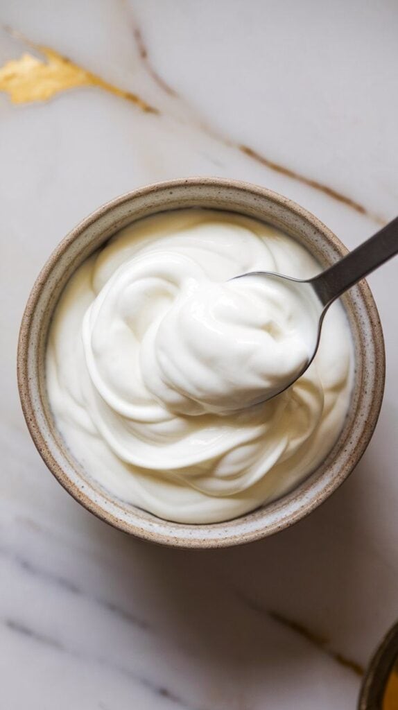thick, creamy Greek yogurt being spooned and swirled into a ceramic bowl, creating soft ridges on the surface