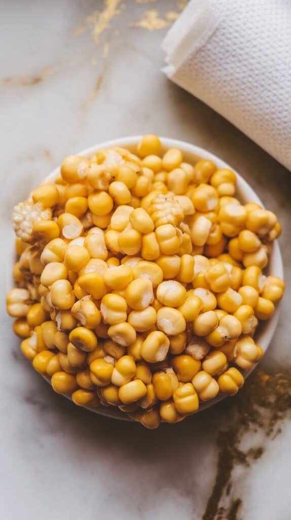 yellow corn kernels freshly cut from the cob on a small white plate, some kernels slightly glossy from steaming, paper towel off to the side